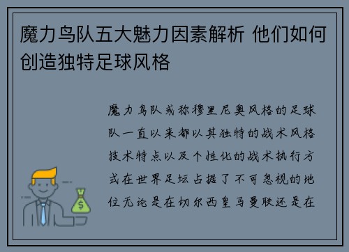 魔力鸟队五大魅力因素解析 他们如何创造独特足球风格