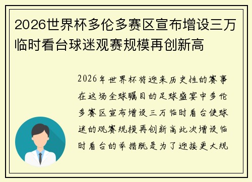 2026世界杯多伦多赛区宣布增设三万临时看台球迷观赛规模再创新高