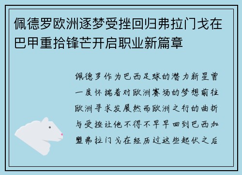 佩德罗欧洲逐梦受挫回归弗拉门戈在巴甲重拾锋芒开启职业新篇章