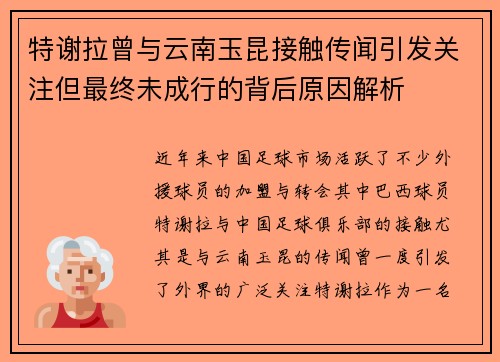 特谢拉曾与云南玉昆接触传闻引发关注但最终未成行的背后原因解析